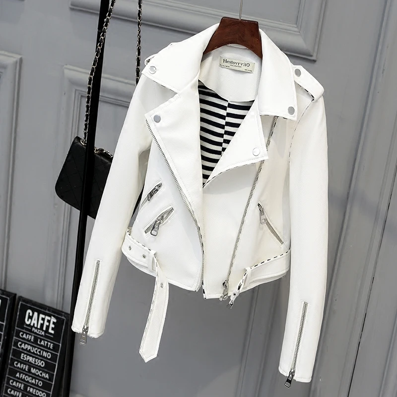 Fitaylor New Autumn Faux Suede Womens Motorcycle Jacket Faux Leather Jacket Women Biker Jacket Slim White PU Coat
