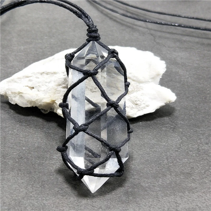 

Chakra Bohemian Healing Jewelry Gem Stone Hemp Cord Wrapped Natural Clear White Quartz Healing Crystal Point Pendant Necklace