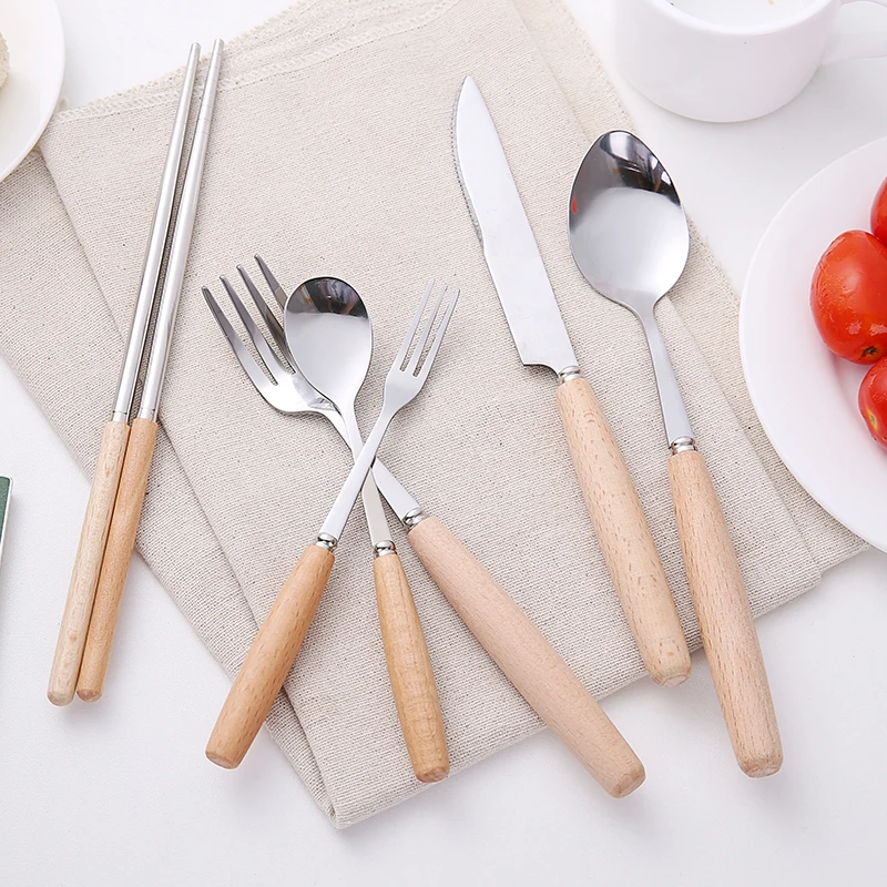 

Unibird 1Pc Stainless Steel Flatware with Wooden Handle Chopsticks Fruit Fork Soup Coffee Spoon Steak Knife Kitchen Dinnerware