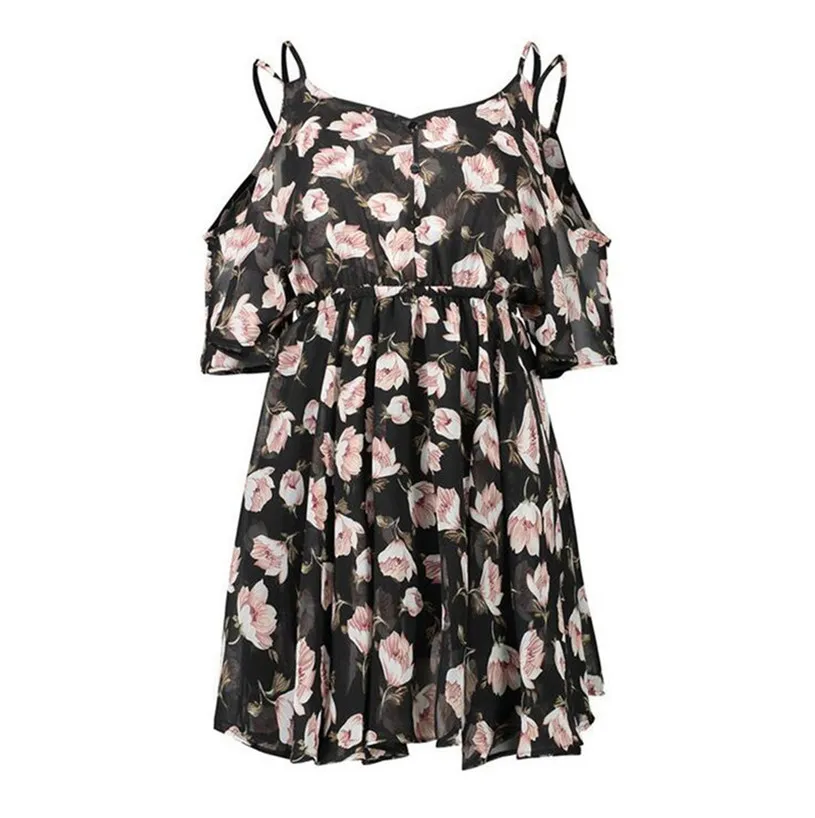 Casual Beach Dress Cold Shoulder ruffle print Summer dresses women High waist strap chiffon beach dress Boho party sexy dresses (15)