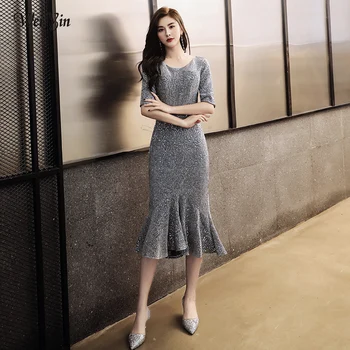 

wei yin New Evening Dresses 2019 Half Sleeves Elegant Mermaid Long O-Neck Sliver Gray Formal Party Gowns Robe De Soiree WY1721