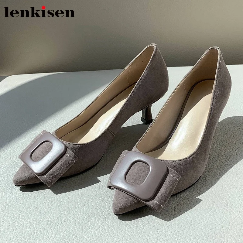 

Lenkisen arrival kid suede fashion stiletto high heels pointed toe beauty lady buckle decoration sweet Princess autumn shoes L19