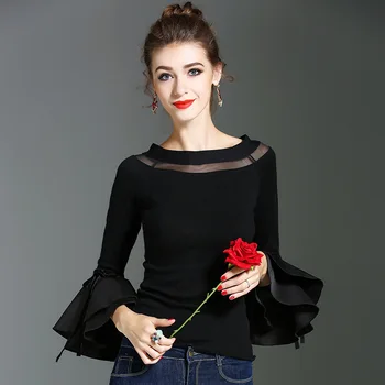 

Invierno Muje Autumn Spring Women'Fashion Slim Flare Sleeve Sexy Slash Neck Black Knitted Virgin Killer Sweater Female Pullover