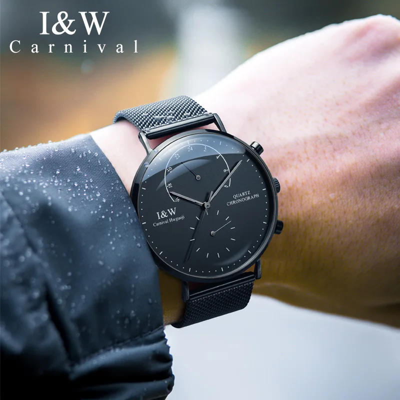 

CARNIVAL Fashion Black Men Watches High Quality Ultra thin Quartz Watch Man Unique Black Dial Quartz-Watch Relogio Masculino New