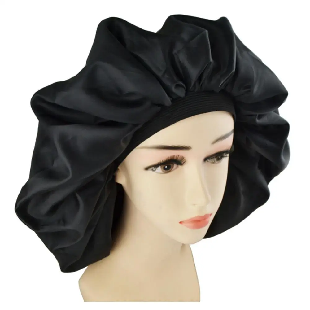 Черная большая двухслойная шапочка с резиновой лентой для сна, водонепроницаемая шапочка для душа для женщин, защита волос от Frizzing