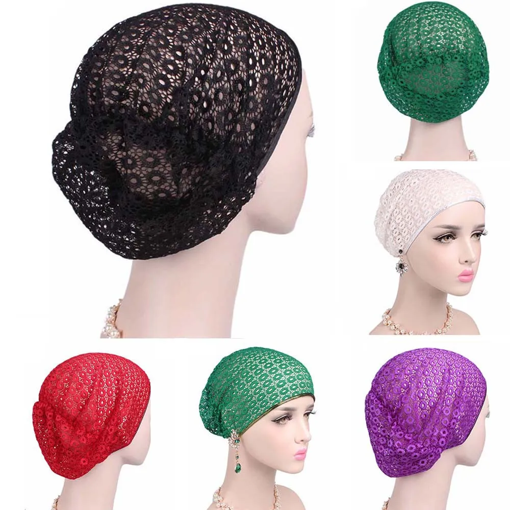 

2018 Fashion Women's Solid Lace Cap Turban Brim Hat Ladies Vintage Elastic bonnet Femininas
