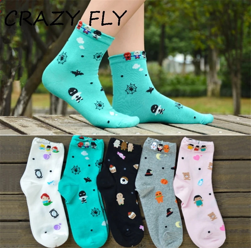 Магазин Crazy Fly, новые женские носки с героями мультфильмов Харадзюку, милые зимние теплые хлопковые забавные короткие носки унисекс для мужчин и женщин