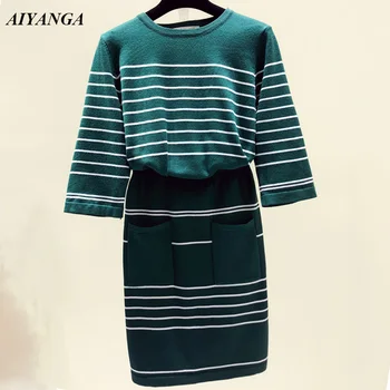 

Knitted 2 Pieces Striped Women Sets 2018 Autumn Knitting Sexy package Hip Skirts Pullovers Sweaters Causal Women's clothing