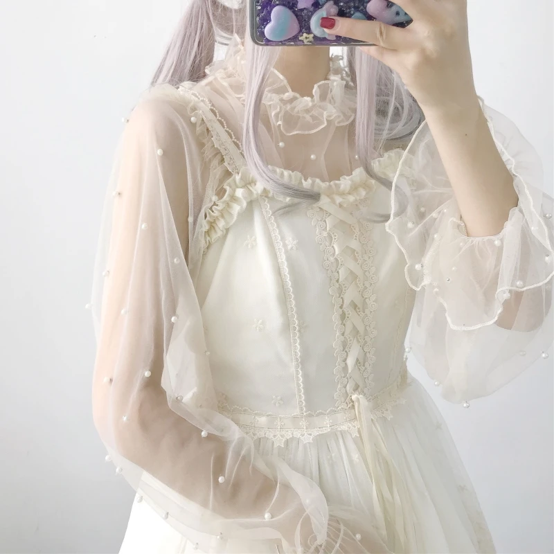 

Women's Clothing Japan sweet perspective mesh shirt Lolita Blouses bead stand flare sleeve loose ulzzang solid Shirts new summer