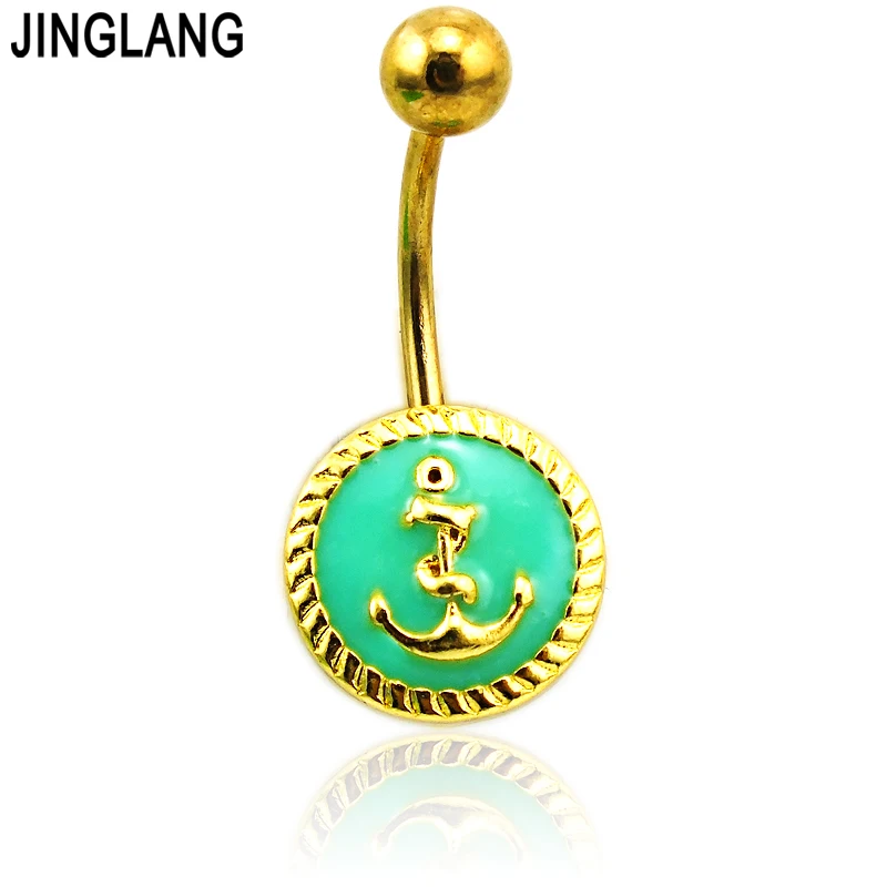 

JINGLANG New Gold Color Belly Button Rings Stainless Steel Barbells Green Enamel Anchor Navel Rings For Men Piercing Jewelry