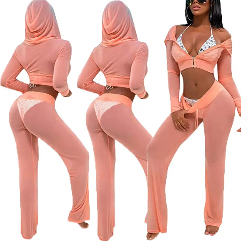 bikini cover up skirt wrap Sexy Women Beach Cover Up See-through Outfit Hooded Long Sleeve Crop Tops Mesh Pants Playsuit Clubwear Bikini Cover Up 2pcs bathing suit dress cover ups Cover-Ups