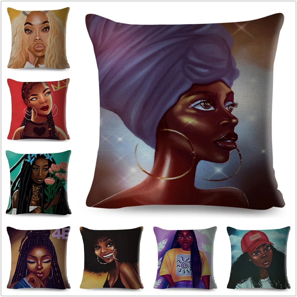 Черный женский красивый чехол для подушки Africa Girl льняной декор цветной
