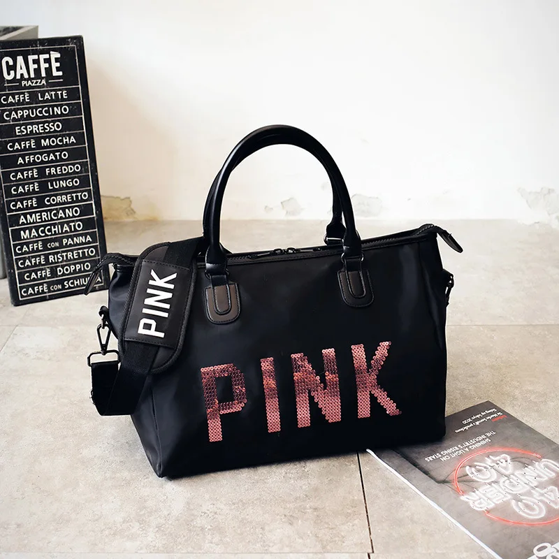 2018 Newest Design Sequins PINK Letters Gym font b Fitness b font Sports Bag Shoulder Crossbody