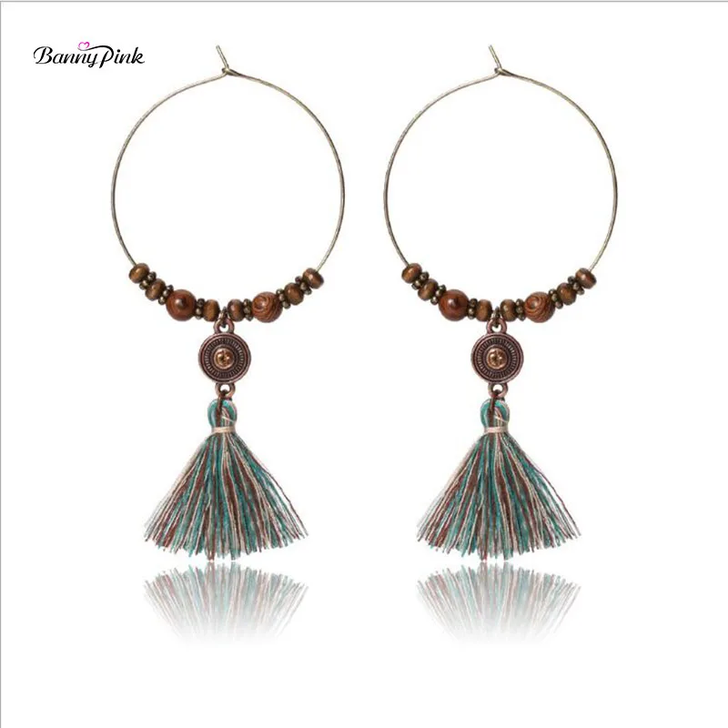 

Banny Pink Bohemia Beads Statement Round Hoop Earrings For Women Vintage Tassel Pendant Earrings Fashion Jewelry Pendientes