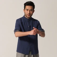 Высокое качество синий китайский Для мужчин хлопок льняная рубашка Кунг-Фу рубашка Топ с карманами костюм большие размеры M L XL XXL XXXL MN042