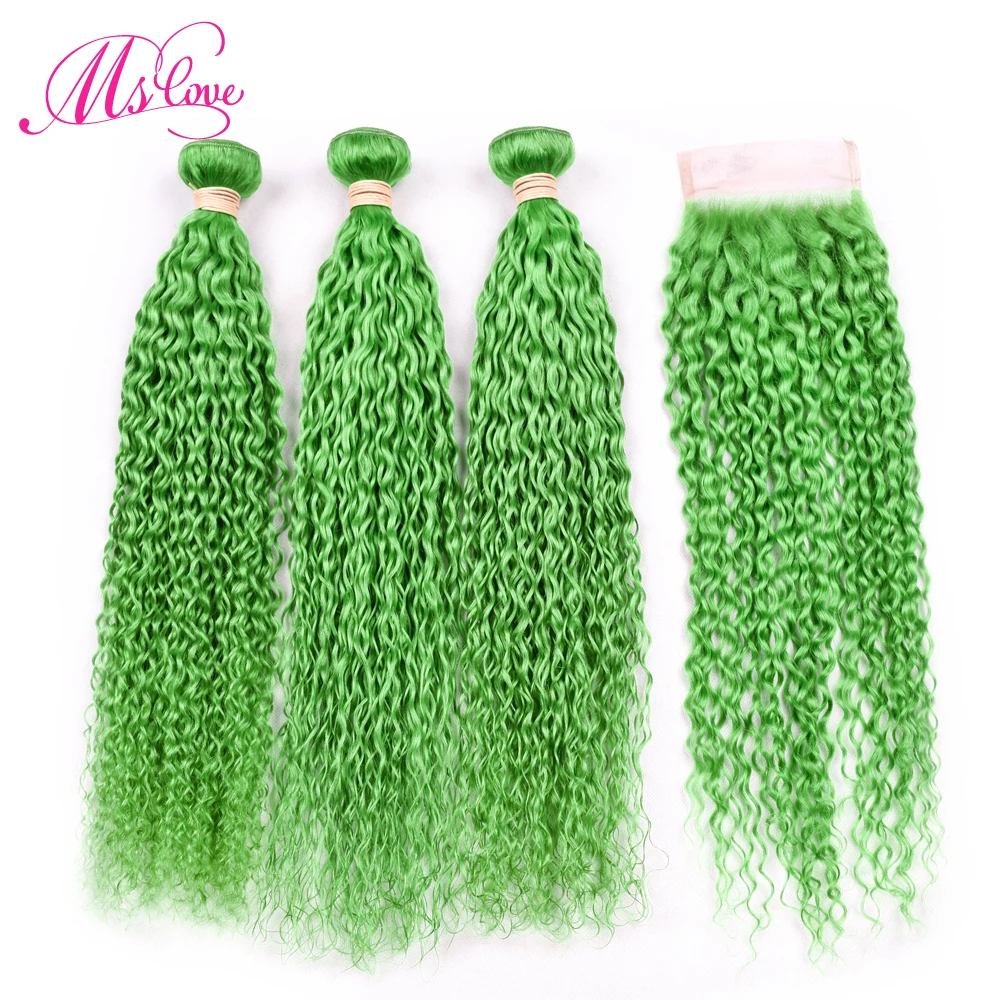 Ms Love Pre Colored Green Kinky Curly Bundles With Closure Peruvian