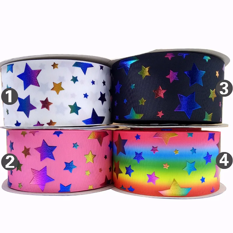 

Free shipping 50 yard star hologram ribbon foil printed grosgrain ribbon