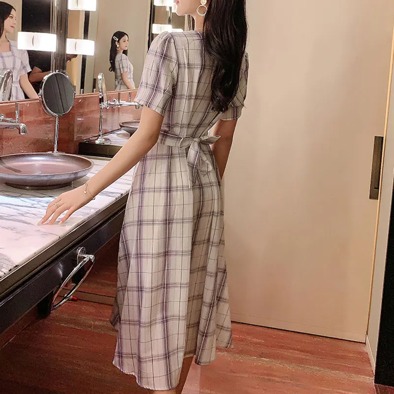 New French retro square collar plaid short sleeved ribbon dress summer waist woman A word big dress dress belt various methods