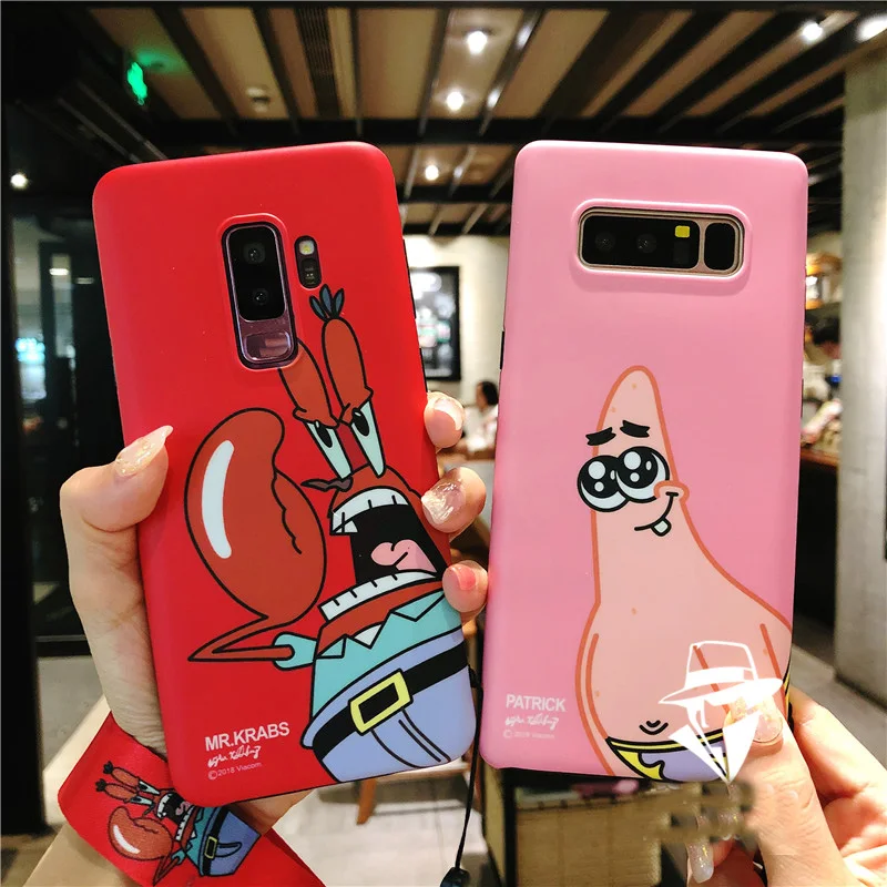 

SAM S10 plus SpongeBob Case, Cute Mr.Krabs Soft back phone cover for Samsung Galaxy S9 S9P S8 S8p Note 9 8 Cartoon cover +strap