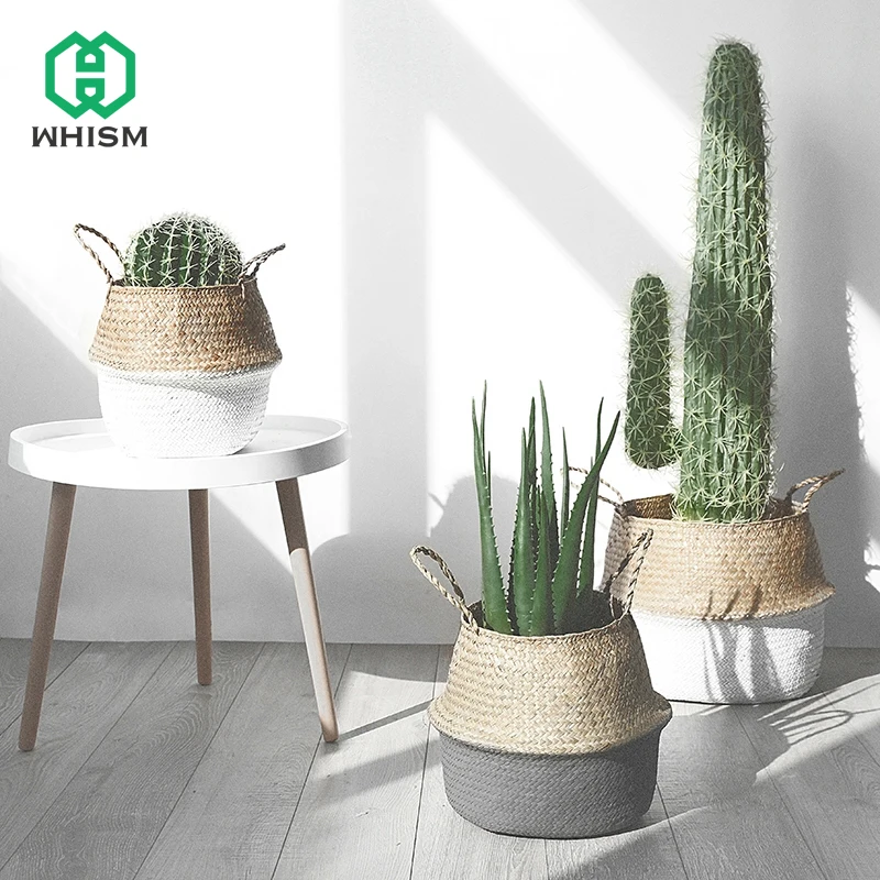 WHISM Storage Basket Rattan Straw Basket Wicker Folding Flower Pot Seagrasss Flower Baskets Garden Planter pot de fleur suspendu