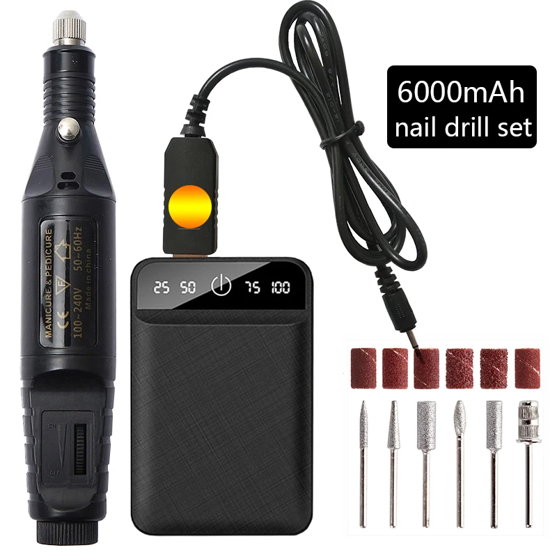 

1set 9V USB Electric Nail Drill Machine 6000mAh Power Bank Strong Manicure Pedicure Gel Cuticle Remover Rotary Drill Bits New