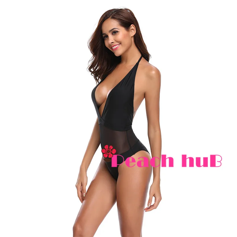 Sexy One Piece Swimsuit Whole Woman Swimsuit Mesh Transparent Swimsuit Black String Monokini Deep V Push Up Swimwear Women (5)