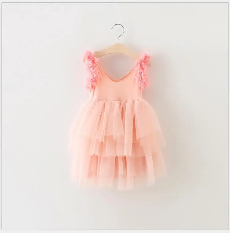 

floral sleeve edge princess vest sundress Baby girl tulle layered fluffy dress Elegant costume for a girl beach holiday 5pcs/lot