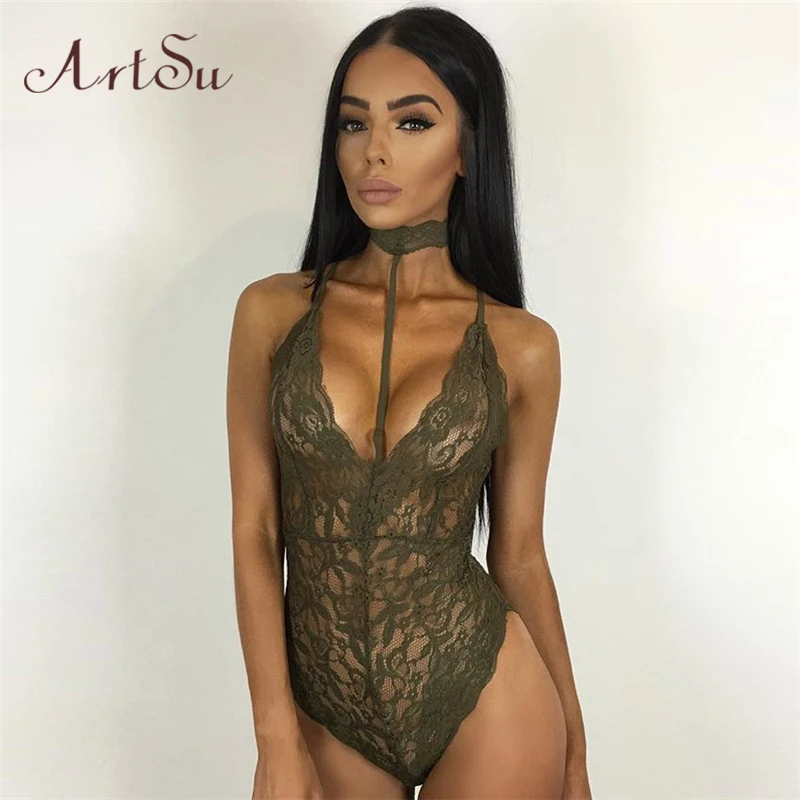 

ArtSu Black Lace Halter Bodysuit Women 2017 See Through Summer Playsuit Mesh Sexy Bodycon Rompers Jumpsuits Bodysuits ASJU20025