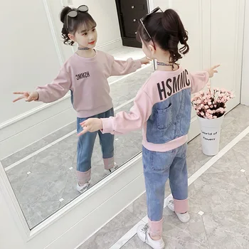 

Girls Denim Clothes Sets 2019 Spring Brand Design Kids Patchwork Denim Sweatshirts+Jeans Pants 2Pcs/Suit Children Tracksuit