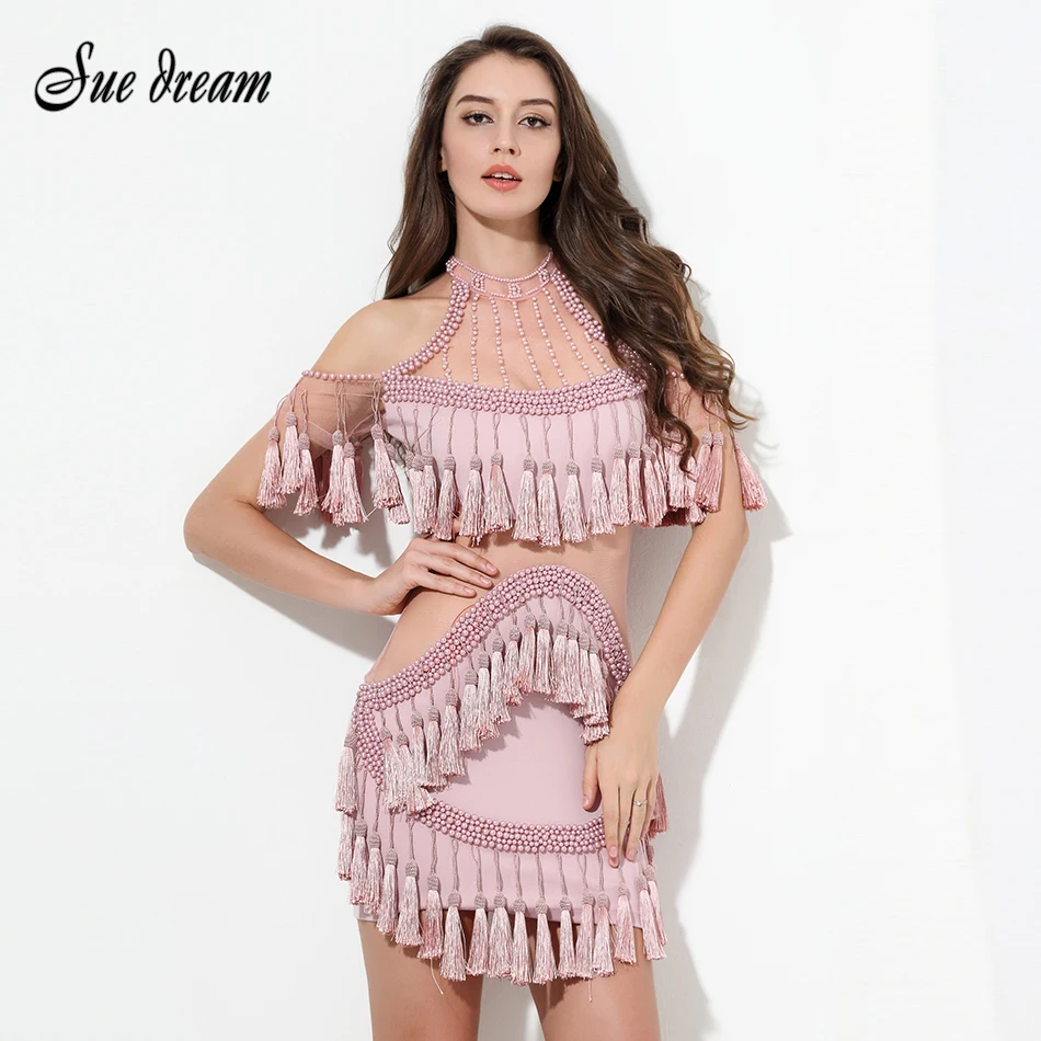 

HIGH QUALITY Newest Fashion 2016 pink Unique Runway Dress Women's Hollow Out Tassel Luxury Manual Hand Beading Dress wholesale