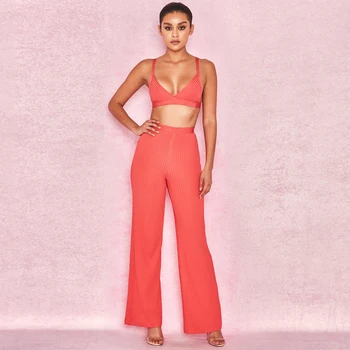 

KLEEZY New Arrival Two Pieces Crop Top Elegant Strapless Straight Sleeveless Short Top Ankle Length Pants&Top DHH3345