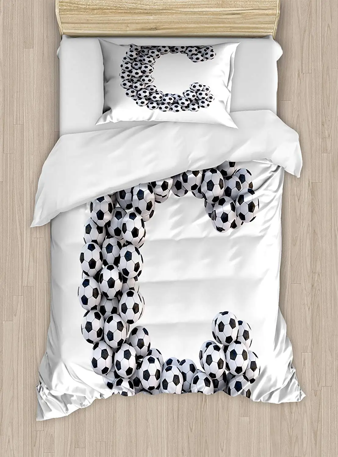 

Letter C Twin Size Duvet Cover Set Alphabet Sign Design Third Letter Football Soccer Themed Graphic Pattern Bedding Set