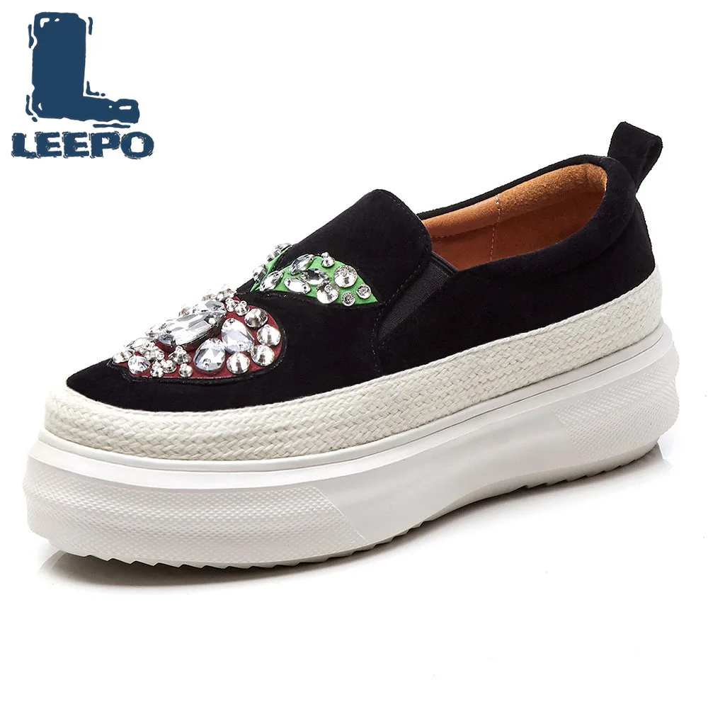 

LEEPO Women Flats Platform Loafers Shoes Woman Genuine Leather Rhinestone Round Toe Platform Shoes Ladies Autumn Spring Loafers