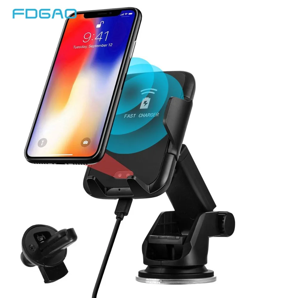 FDGAO 10W Fast QI Wireless Car Charger Automatic Phone Holder for iPhone XS XR X 8 Plus Samsung S10 S9 Note 9 Quick Charge Mount