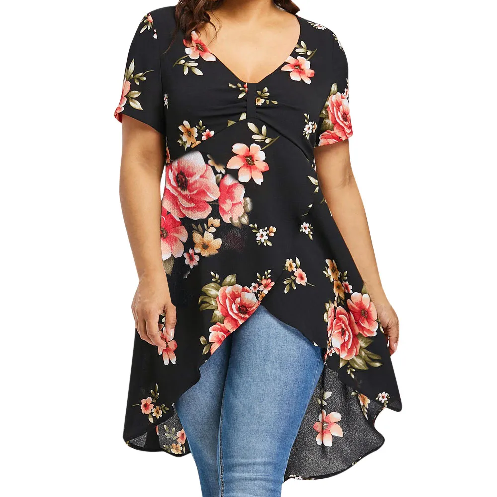 

Summer Short Sleeve V-Neck Ladies Tees Tops Female T Shirt Large Size Women Floral Printing Long T-Shirt Short Sleeve Tops