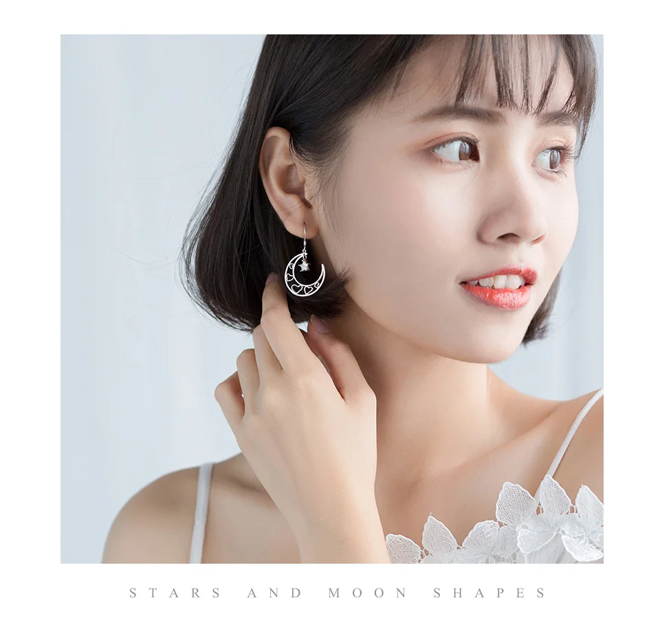 S925 Silver Moon Earrings Female Korean Hollow Romantic Love Earrings Stars Ear Fine jewelry Anniversary Gift For Girlfriends (4)