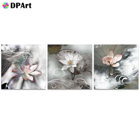 Flores de Lótus Mosaico de Cristal do Ponto da Cruz Pintura Diamante Praça Cheia – Broca Rodada 5d Daimond Tríptico Decoração M511 3 Pcs