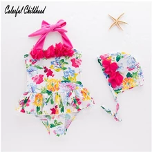 Милый купальник на бретельках для маленьких девочек, Цельный купальник для девочек+ шапочка, купальник с цветочной аппликацией, купальник для СПА от 2 до 6 лет
