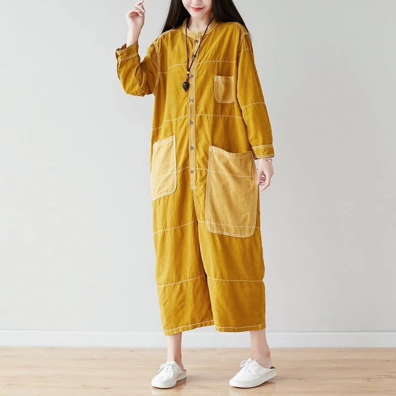 

Baggy Cotton Linen Long Sleeve Playsuits Female Buttons O-Neck Suit Jumpsuit Oversized Europe Boyfriend Drop Crotch Overalls