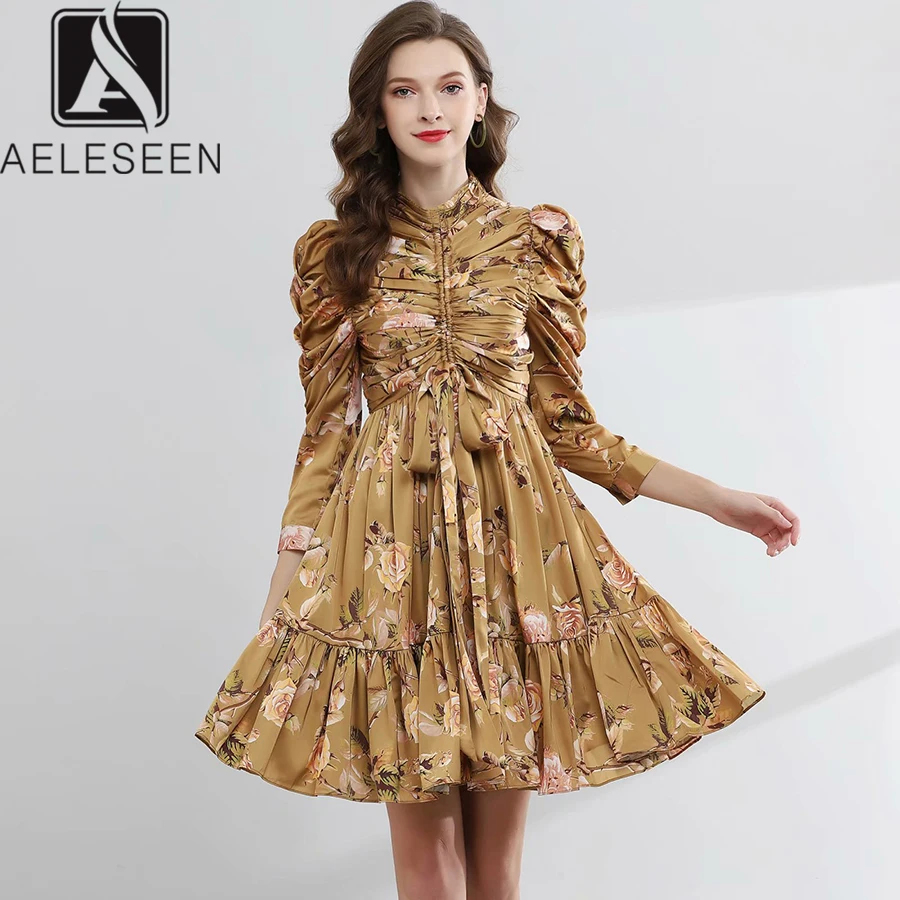 AELESEEN платья для подиума женские 3/4 пышные рукава Элегантный цветочный принт плиссированные оборки бант до колена Роскошные вечерние платья