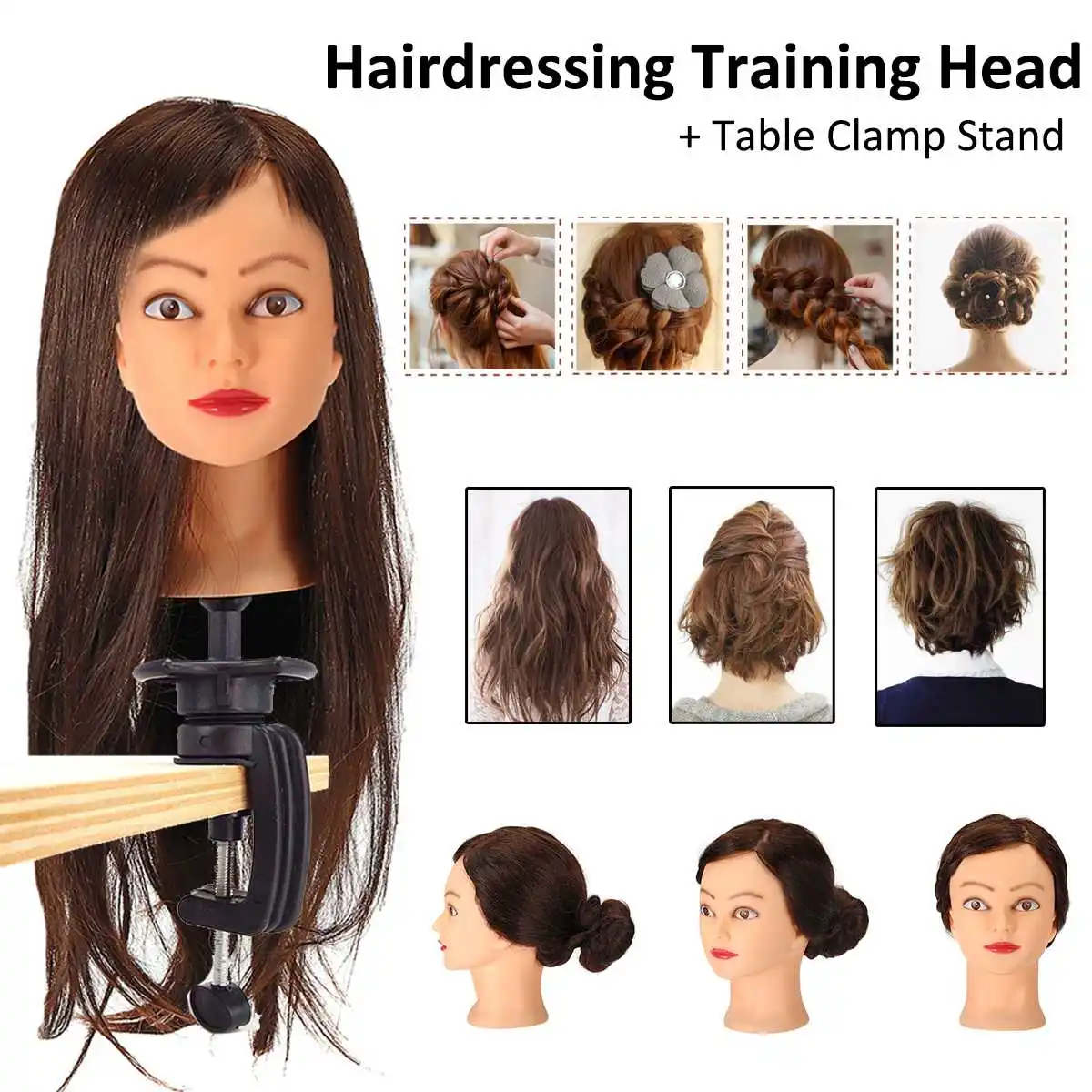 

KIWARM 60cm 24inch Home Decor Miniatures Head Mannequin 70% Real Human Hair Salon Head Practice Hairdressing with Clamp Stand