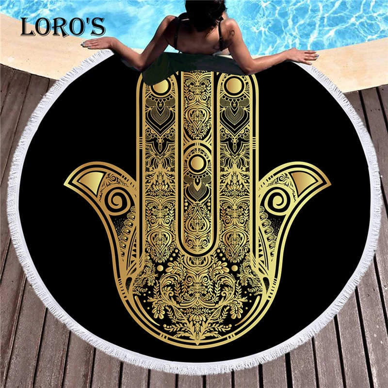 

Chic Black Gold Turtle Palm Pattern Printing Beach Towel Round Tassels Microfiber Yoga Mat Bath Towel Picnic Blanket Mat Tapestr