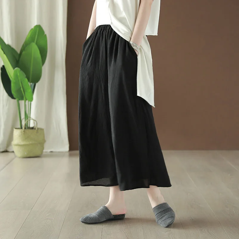 

QPFJQD Chinese Style Retro Skirt Pants Smooth Faux Silk Linen Ladies Elastic Waist Literary Temperament Loose Wide Leg Trousers