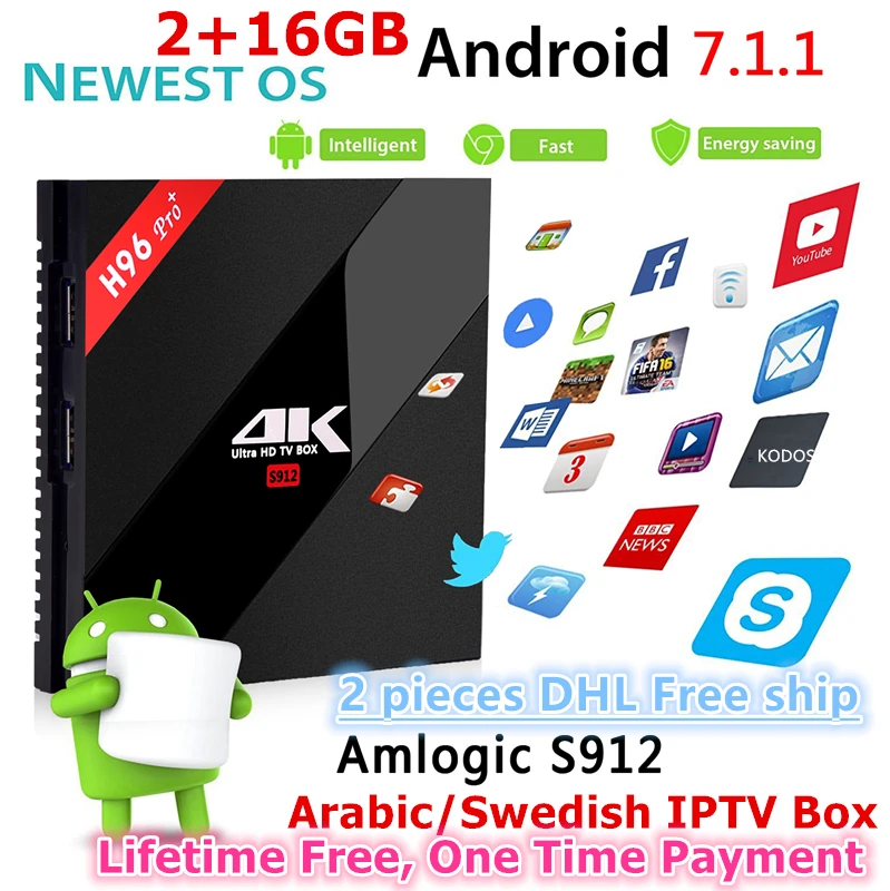 

2Pieces DHL Free Ship H96 Pro Android 7.1 Lifetime Free Arabic IPTV Swedish IPTV Box