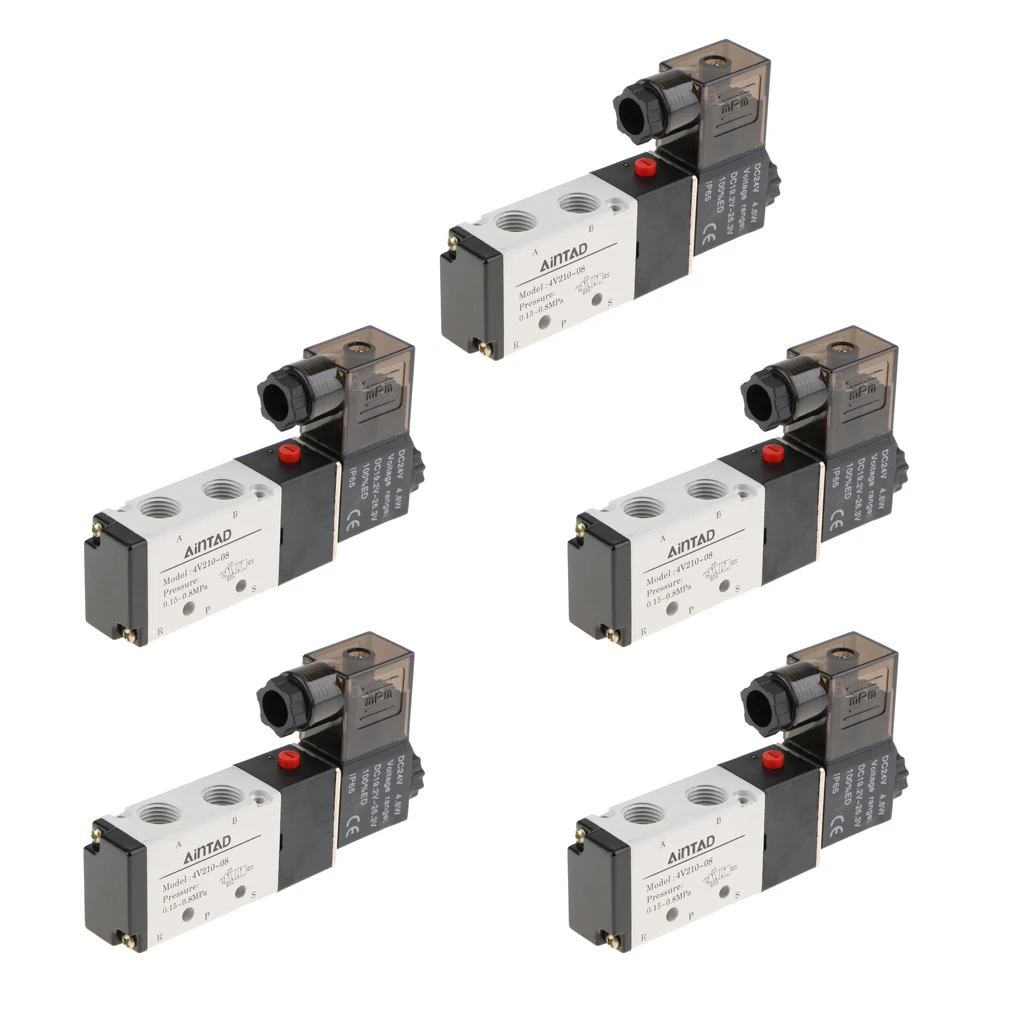 5pcs 4V210-08 Solenoid Valve 5 Way 2 Position Pneumatic Air-Operated 1/4 BSPT 24V