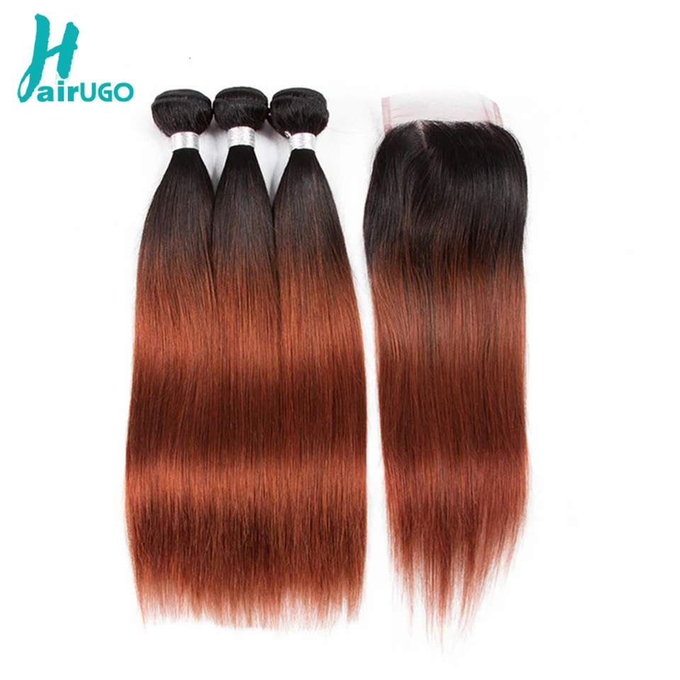 HairUGo перуанские волосы 3 пучки с закрытием прямые натуральные волосы пучки с закрытием #1B/33 цвет не Реми волосы расширения