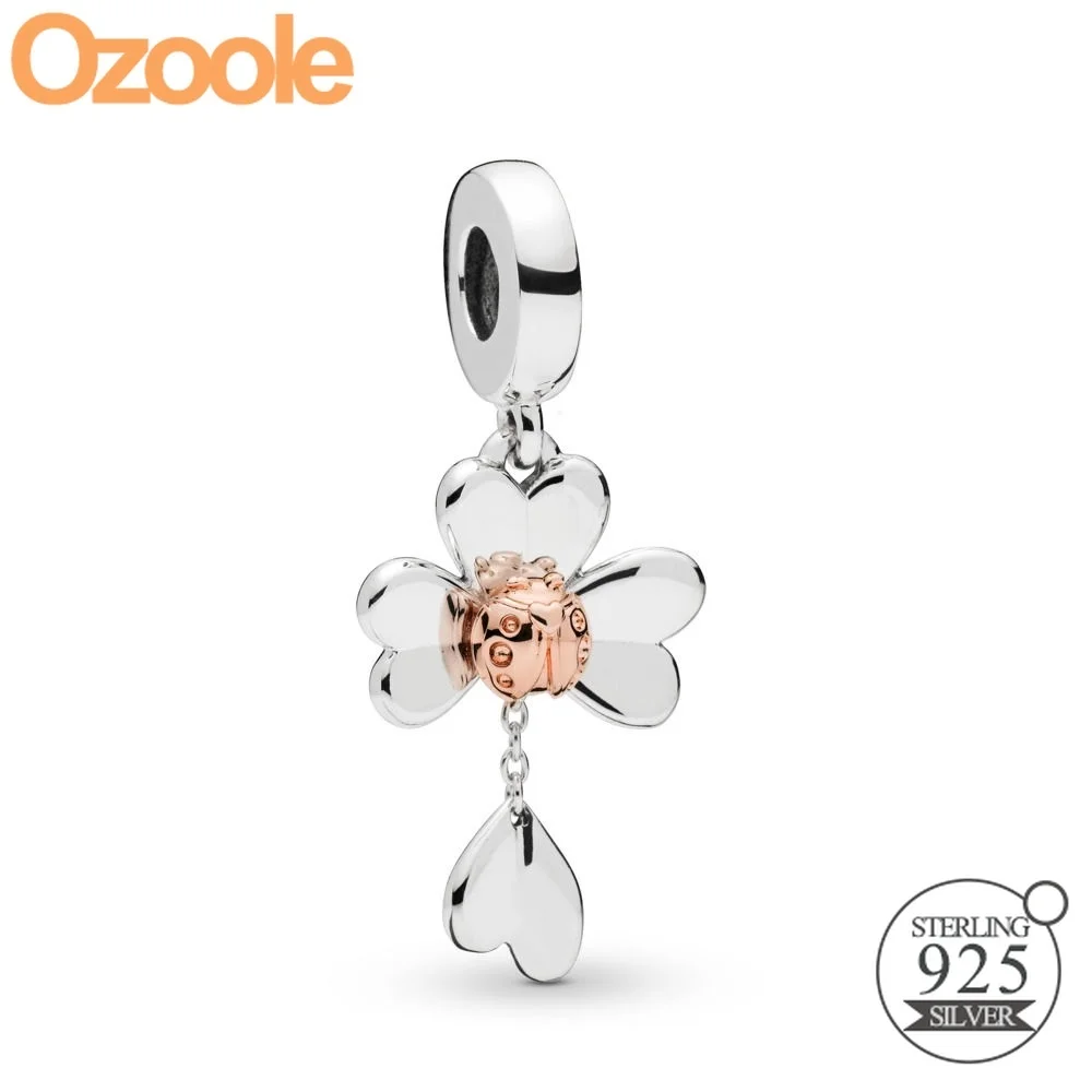 

New Spring Authentic 925 Sterling Silver Clover & Ladybird Dangle Charm Pendant Fit European Original Bangle Bracelets Jewelry