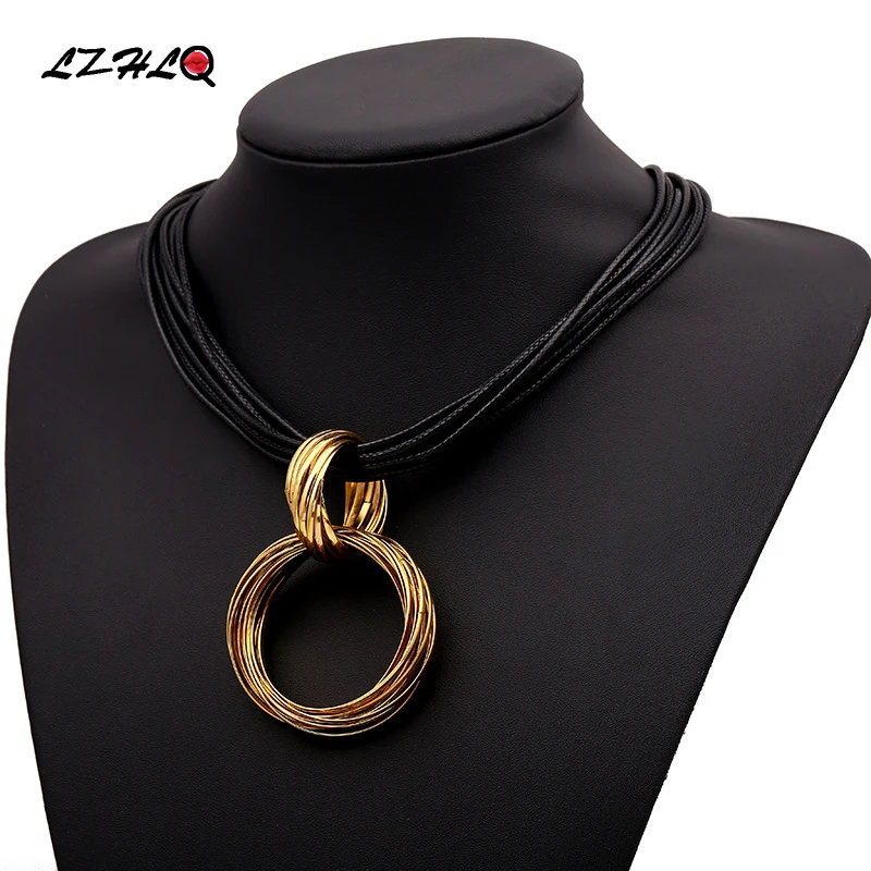 

LZHLQ Fashion Women Handmade Clavicle Necklace Trendy Rope Chains Geometric Brand Twist Metal Circle Pendant Necklaces Statement
