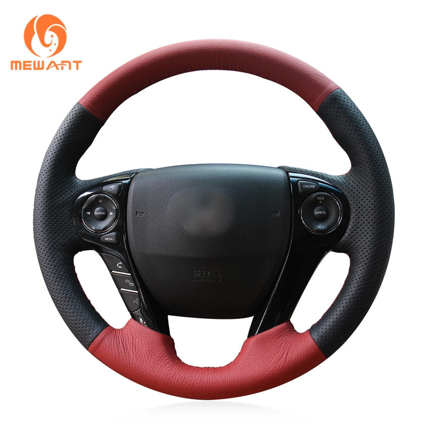 MEWANT Black Red Genuine Leather Car Steering Wheel Cover for Honda