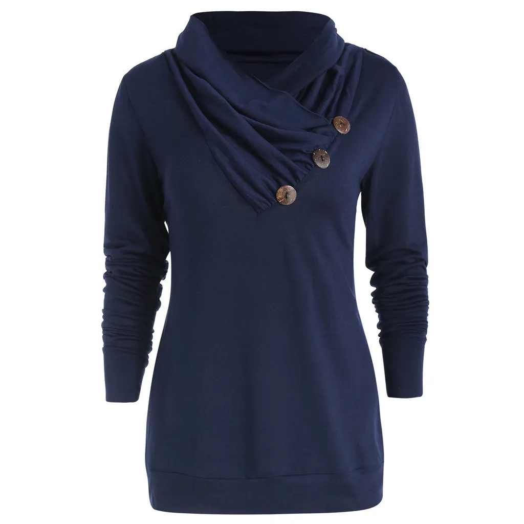 Модная футболка для женщин, Повседневная футболка с капюшоном и пуговицами, украшенная длинным рукавом, топы, винтажная Женская одежда, Футболка camisa feminina - Цвет: Тёмно-синий